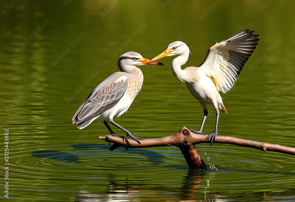 Obraz premium Two egrets interacting on a branch over green water, wildlife and Nature conservation, avian behavior