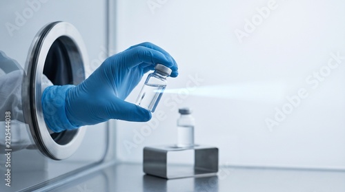 Close inspection of sterile medication vial in pharmaceutical isolator