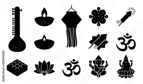 Bild auf Leinwand Indian diwali festival black silhouette icon set featuring ganesha lakshmi sitar