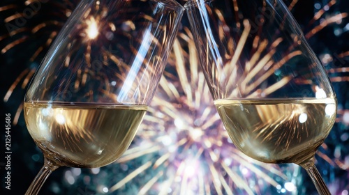 Toast with glasses of wine during a celebration with fireworks in the background at night