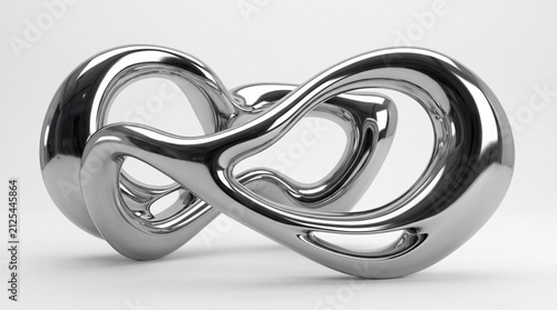 A polished silver abstract sculpture shaped like an infinity symbol, presented on a white background.