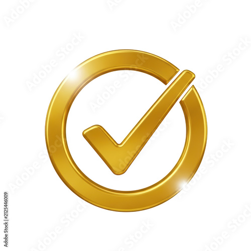 Gold check mark in circle on transparent background.