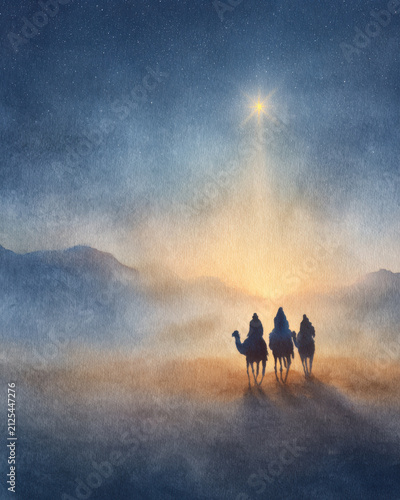 Watercolor illustration of biblical Magi (Three Wise Men) riding camels across a desert under a starry night, guided by the glowing Star of Bethlehem.