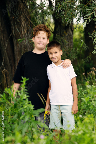 Cuadro en lienzo Portrait of two brothers standing together in park greenery during summer day