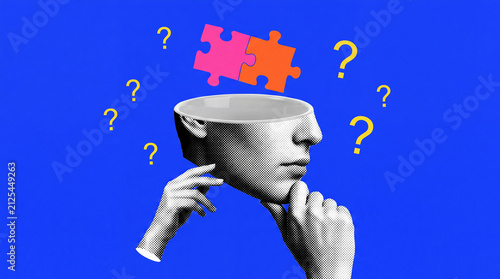 An abstract image representing thought process, with a head silhouette filled with puzzle pieces and surrounded by question marks.