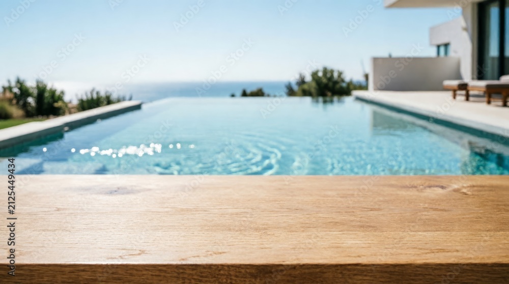 Fototapeta premium Wooden Table Top with Infinity Pool and Ocean View for Web Design