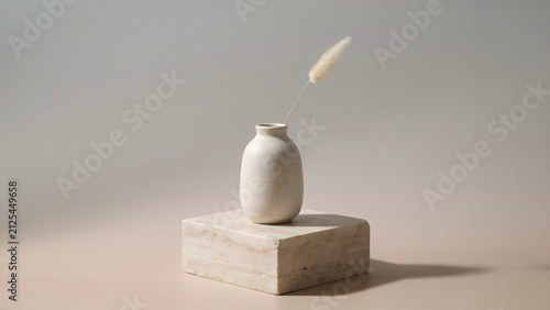 A single dried lagurus flower in a ceramic vase on a stone block isolated on a transparent background