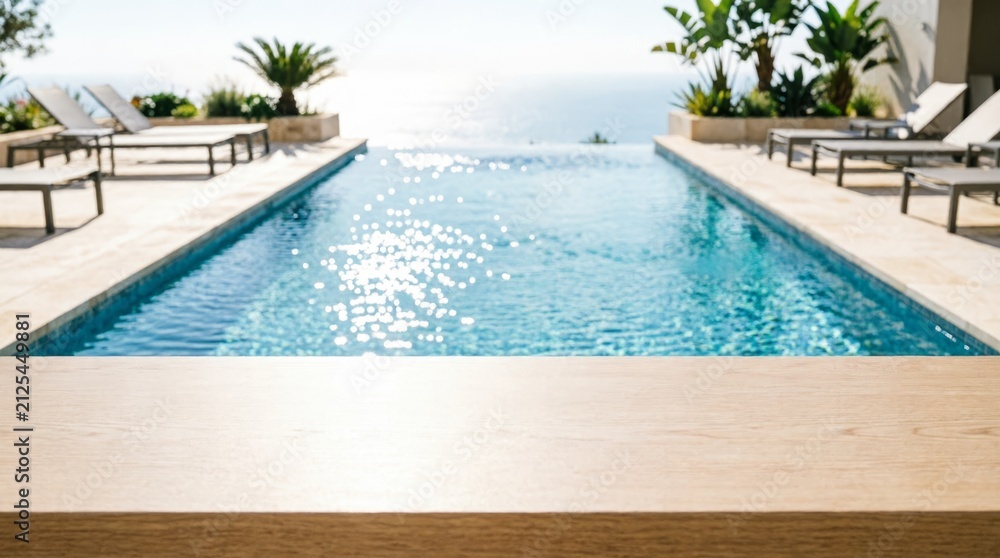 Fototapeta premium Luxury Pool with Ocean View and Wooden Tabletop for Web Design