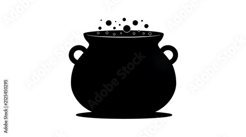 A black cauldron with bubbling contents, emitting small dark circles upwards. It has two handles and sits on a flat surface