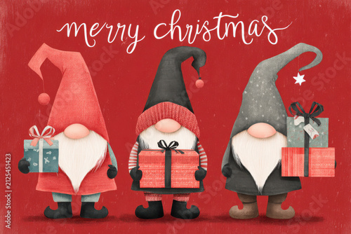 Cute Christmas Gnomes Holding Presents. Christmas-themed design featuring cute gnomes (Tomte or Nisse) holding wrapped gifts.