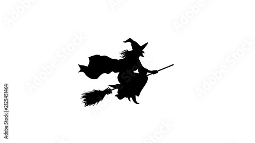 Silhouette of a witch on a broomstick flying in the night sky. The witch is wearing a pointed hat and a flowing cloak, and she is holding a broomstick in her hand