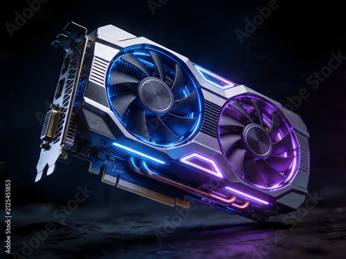 Gaming graphics card with blue and purple RGB lighting floating on dark background, PC hardware concept