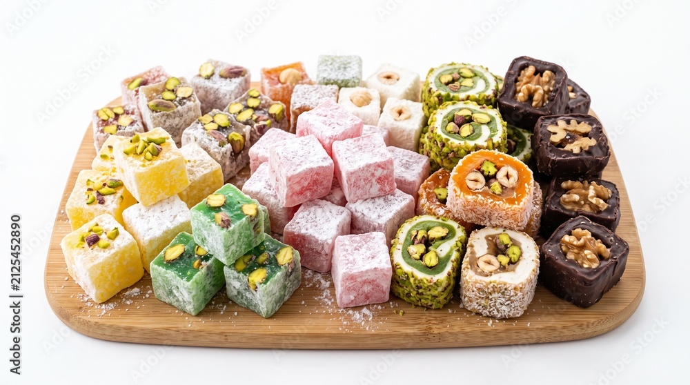 Fototapeta premium Assortment of Turkish Delight sweets with nuts and powdered sugar on a wooden board