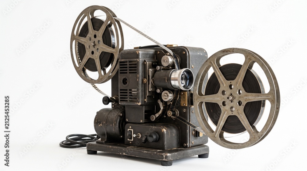 Naklejka premium Vintage Film Projector with Reels and Film on White Background
