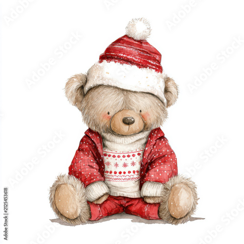 Cute Watercolor Christmas Teddy Bear On White Background. Hand-painted watercolor teddy bear sitting and dressed in cozy red and white Christmas outfit and Santa hat.