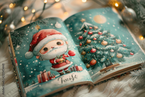 Chibi Santa Claus Decorating Christmas Tree Watercolor Illustration. A charming, cheerful watercolor illustrations featuring a cute, big-headed (chibi) Santa Claus decorating a festive Christmas tree.