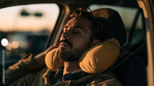 A man relaxing in a car at sunset, wearing a travel neck pillow for comfort.