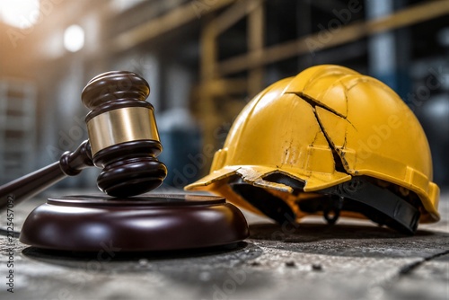 Cracked safety helmet beside gavel implying construction accident case