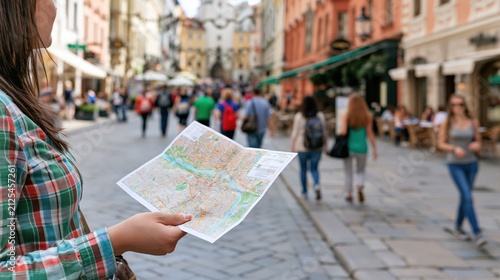 Tourist holding map on pedestrian street in historic city square