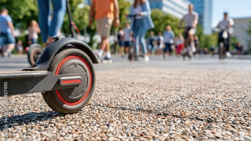 Electric scooter wheel on gravel pavement in urban plaza
