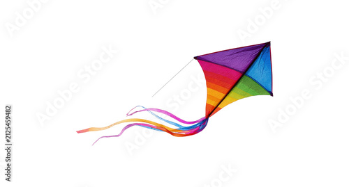 Colorful Rainbow Kite with Flowing Ribbon Tail Isolated on White Background