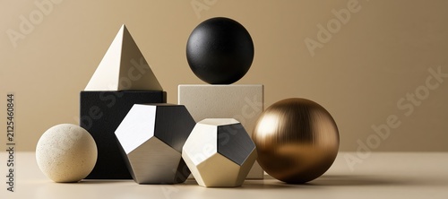 Black, cream, and bronze abstract geometric objects arranged as a creative toolkit