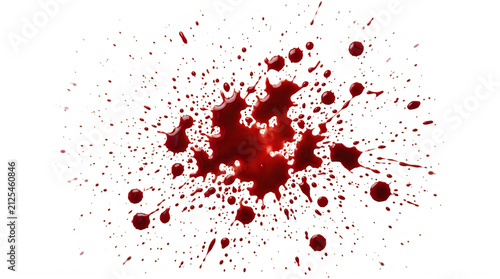 A realistic bright red blood splatter effect featuring many droplets isolated on transparent background