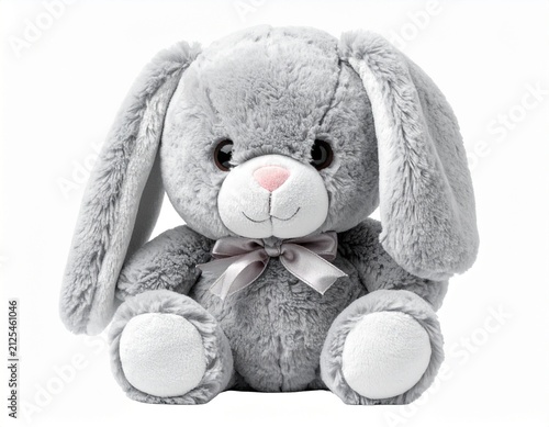 Adorable gray plush bunny toy isolated , soft stuffed animal for kids, cute rabbit for Easter and baby shower decorations