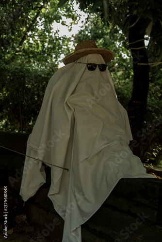 Person Dressed as a Ghost with Hat and Sunglasses Outdoors