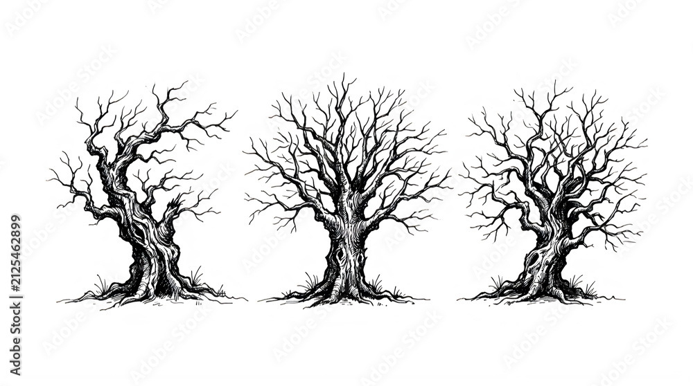 Fototapeta premium Three detailed black and white leafless trees with intricate branches isolated on transparent background