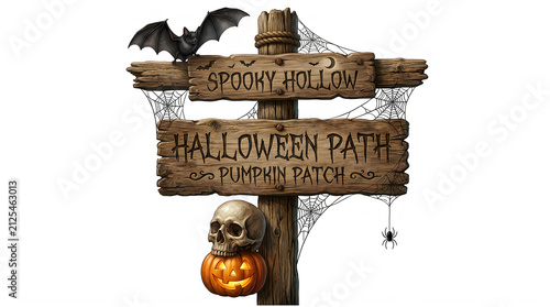 A rustic wooden halloween signpost with a skull and pumpkin isolated on transparent background for spooky seasonal decor
