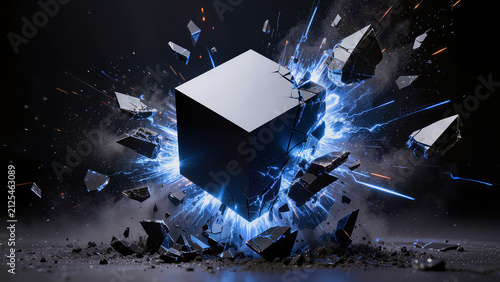 High speed photography of a black geometric cube exploding with sharp shards and blue sparks