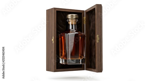 Premium whiskey bottle in a luxury wooden gift box isolated on white background