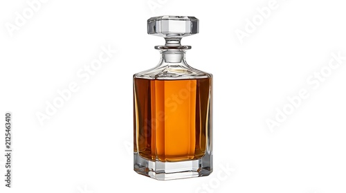 Elegant crystal glass decanter filled with golden amber whiskey or cognac spirit for luxury home bar service isolated on white background