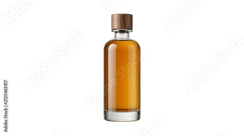 Clear glass bottle with wooden cap filled with golden liquid or honey isolated on white background