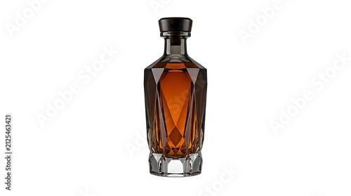 Elegant crystal glass bottle filled with dark amber whiskey or cognac liquor isolated on white background