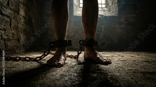 Rusty metal ankle cuffs and heavy chain on bare feet of a man in a stone dungeon.