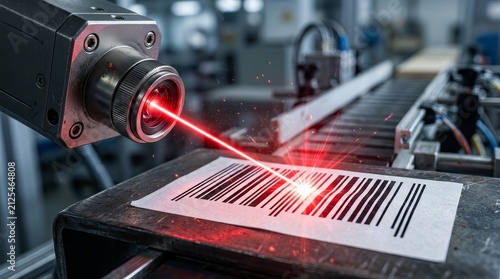 Close-up of a laser nozzle scanning a barcode with visible residue and light diffraction.