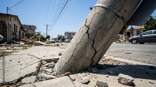 Damaged concrete utility pole tilting dangerously near a shifted curb and cracked pavement.