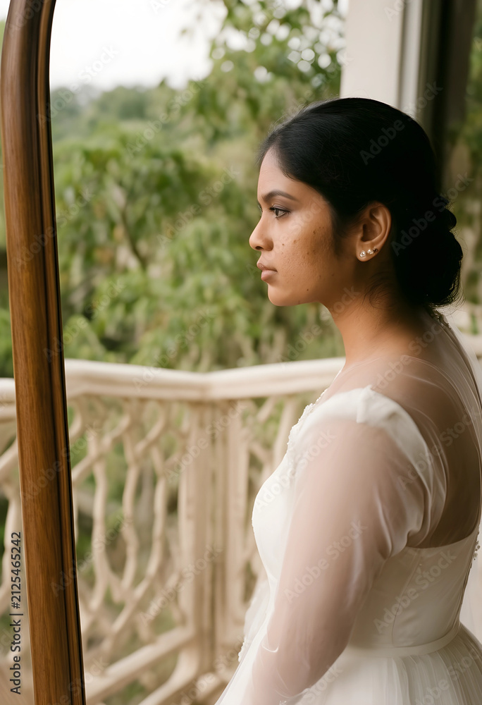 © Pixel-Shot - Young indian woman in white wedding dress looking out from balcony with lush green trees, the brides profile is visible, with a mirror frame partially in view