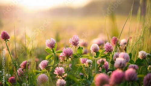 Pink Clover On A Sunny Day In The Meadow Summer Background With Wildflowers