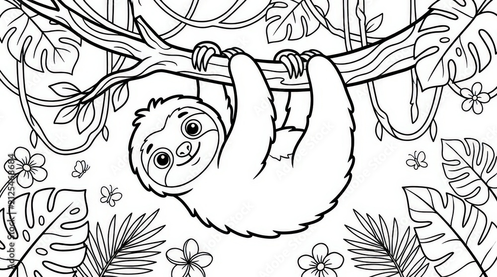 Naklejka premium Cute sloth hanging on a tree branch. Coloring page for kids with tropical jungle leaves.