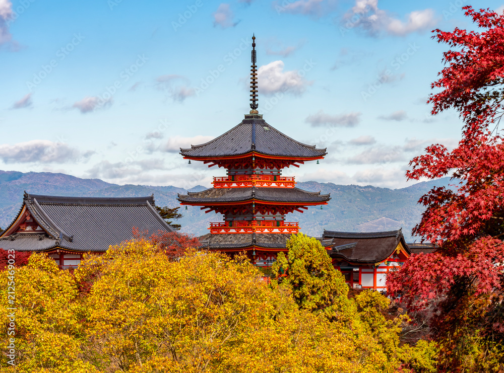 Fototapeta premium Kiyomizu-dera temple and gardens in autumn, Kyoto, Japan