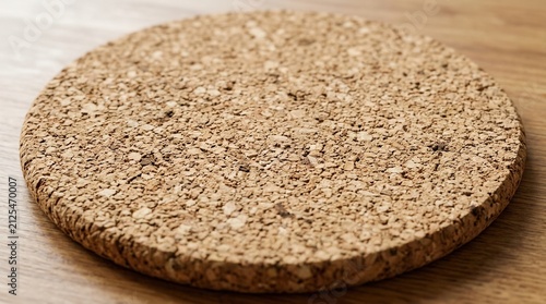 Close-up of natural cork coaster texture for home decor. Round cork placemat with organic grain pattern for rustic table settings.