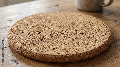 Round cork coaster on wooden table. Natural material drink mat for home or office decor.