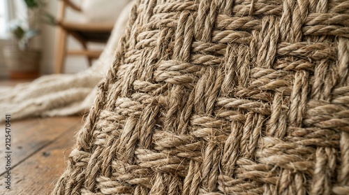 Woven jute rug texture background. Natural fiber carpet detail for interior design.
