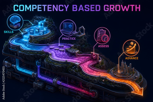 Competency Based Growth Infographic - Detailed 3D Visual Guide Explaining Skills, training pathways, assessment and for Education, Presentations, Reports and Professional Training