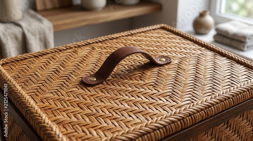 Woven storage box with leather handle. Natural rattan basket lid for home organization.
