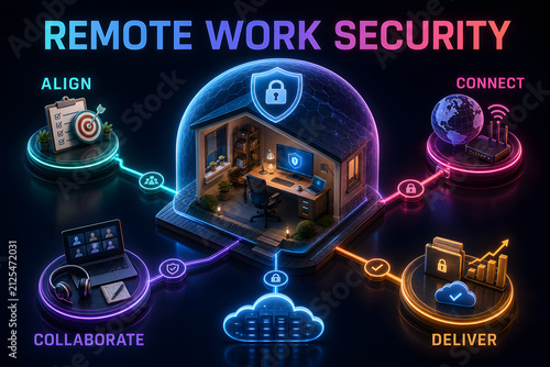 Remote Work Security Infographic - Detailed 3D Visual Guide Explaining Remote collaboration, information flow, team for Education, Presentations, Reports and Professional Training