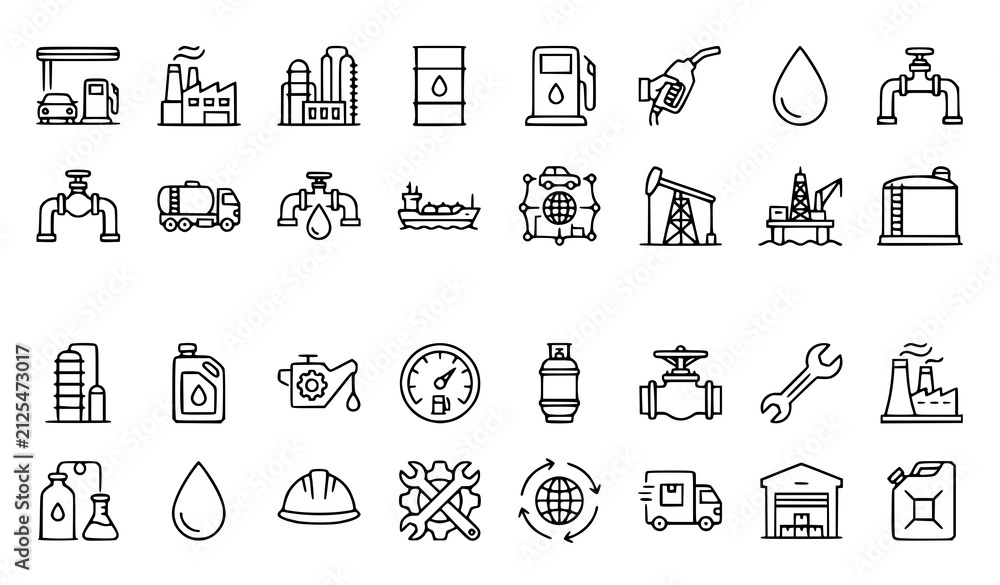 Fototapeta premium Set of hand drawn oil and gas industry icons featuring extraction production transport and fuel distribution elements